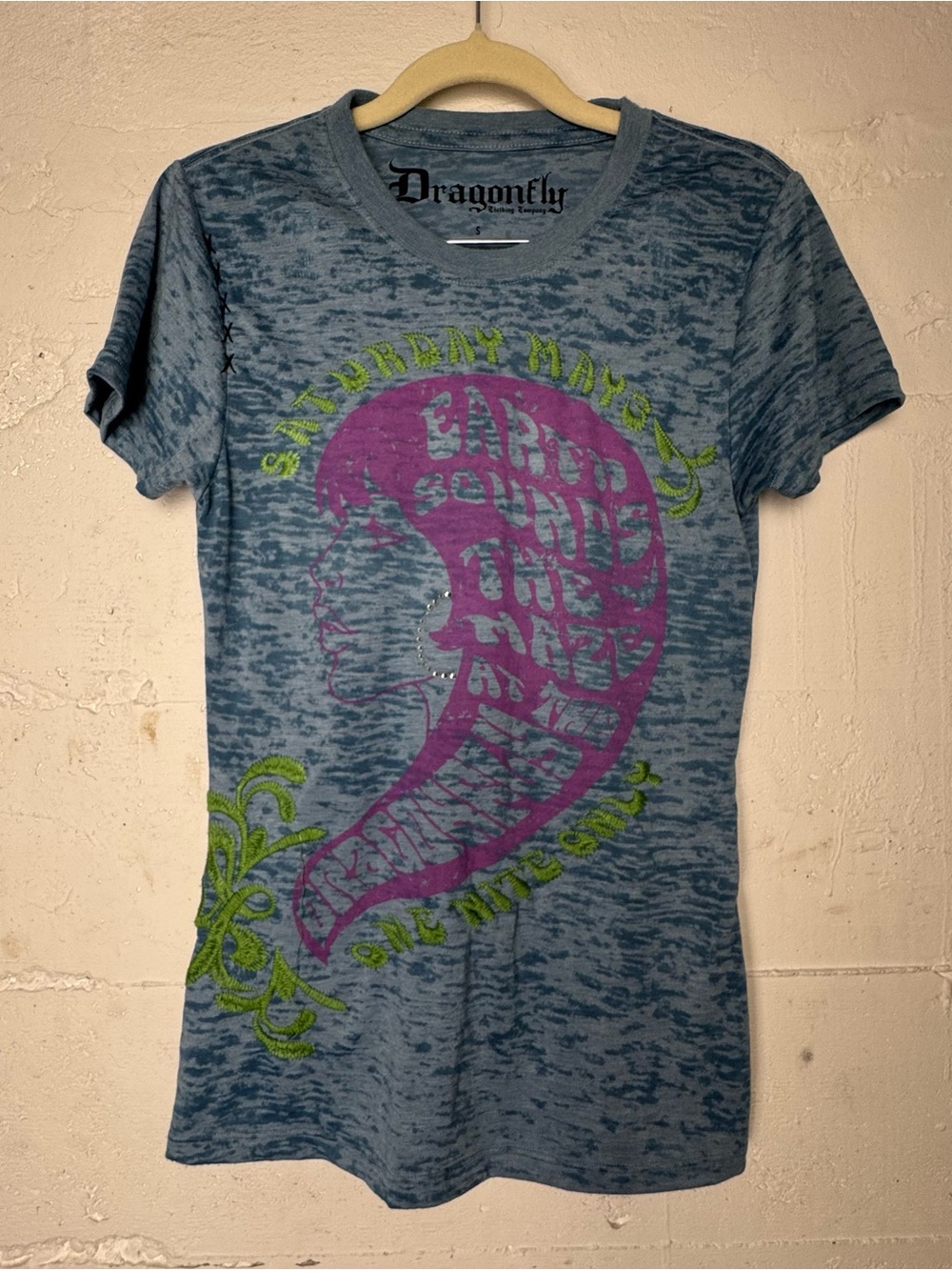 Dragonfly Blue Burnout Graphic Tee‎ Earth sounds the Maze Rare Y2K Vintage Small
